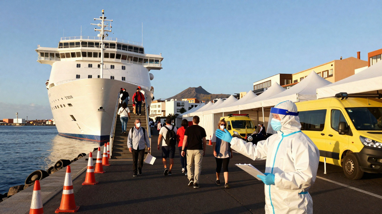 Passageiros desembarcando de navio com equipe de saúde em fato de proteção e tenda no cais.