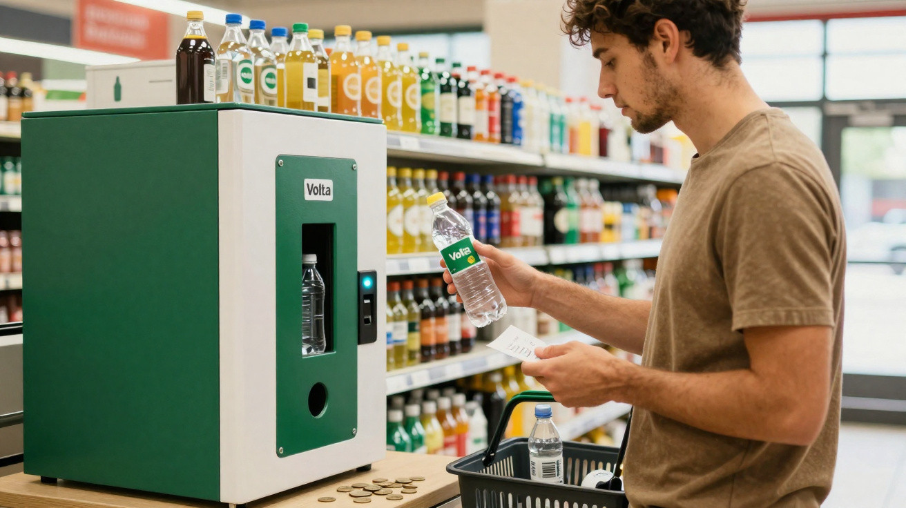 Homem a reciclar garrafas de plástico numa máquina Volta num supermercado.