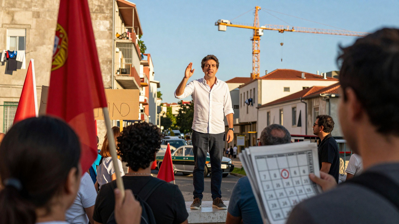 Homem fala para grupo de pessoas com bandeira vermelha numa rua urbana ao pôr do sol.