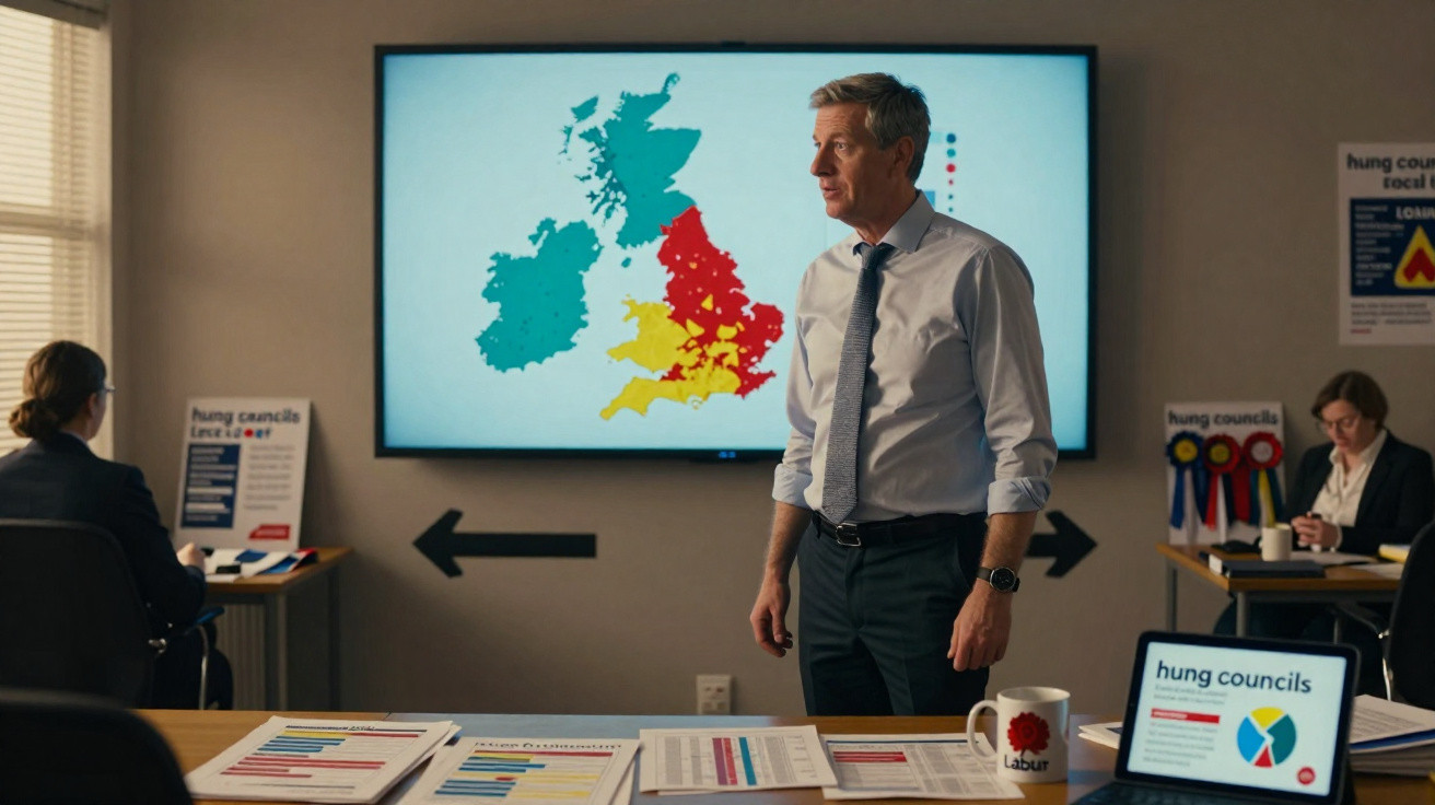 Homem em reunião com mapas coloridos do Reino Unido e gráficos em ecrãs e papel numa sala de escritório.