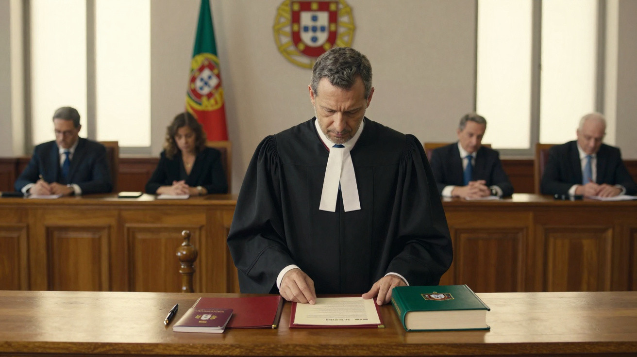 Juiz em toga a ler documento numa sala de tribunal com quatro pessoas sentadas ao fundo e bandeira de Portugal.