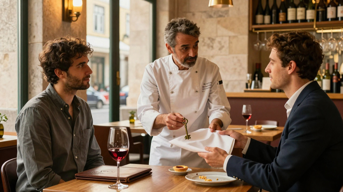 Chef entrega uma chave pequena a um homem sentado numa mesa de restaurante com outra pessoa e copos de vinho tinto.