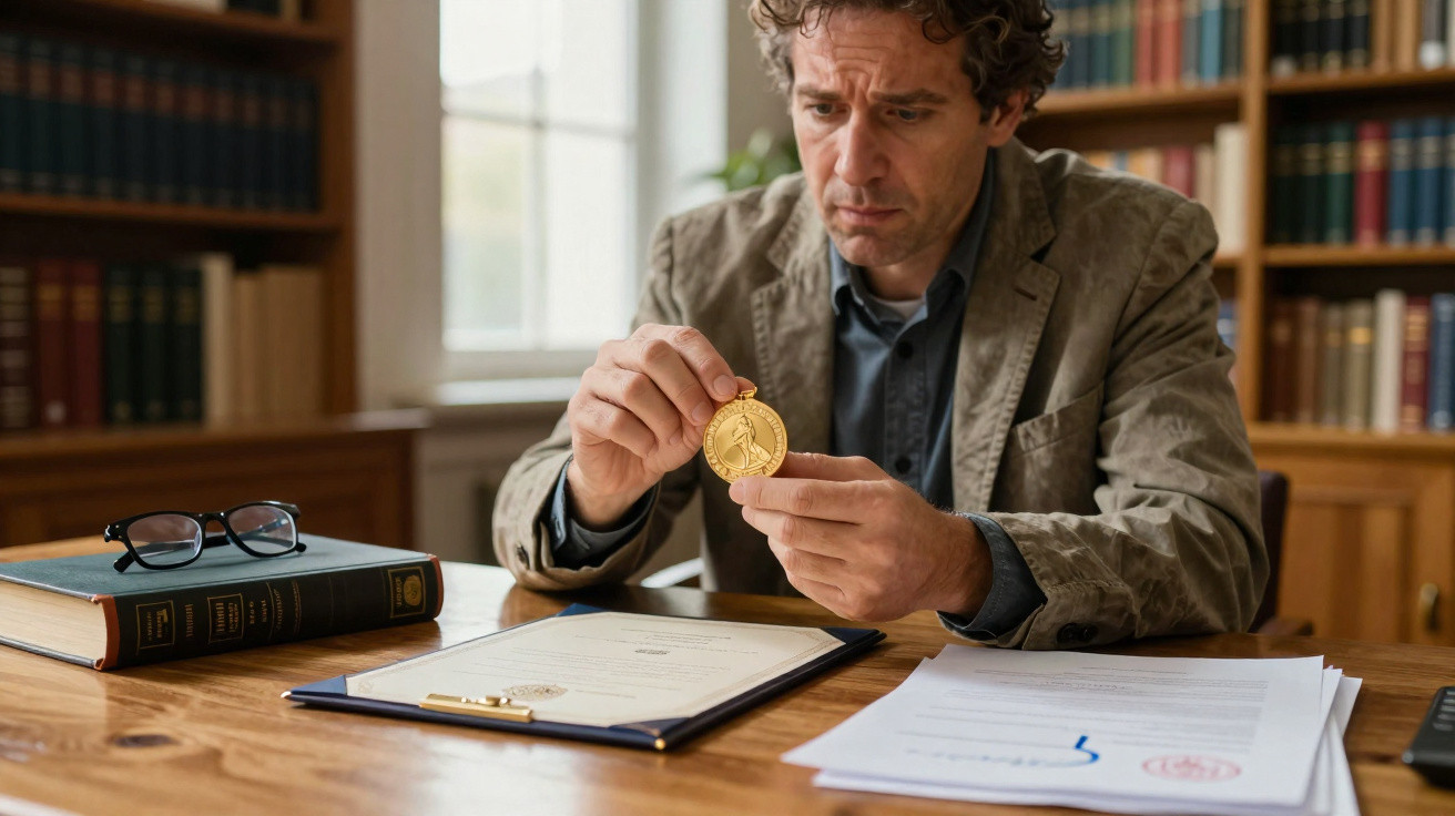 Homem numa biblioteca a analisar uma medalha dourada sentado à mesa com documentos e livros.