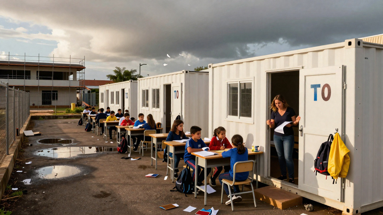 Alunos sentados em mesas ao ar livre junto a contentores usados como salas de aula, com professora a entrar numa delas.