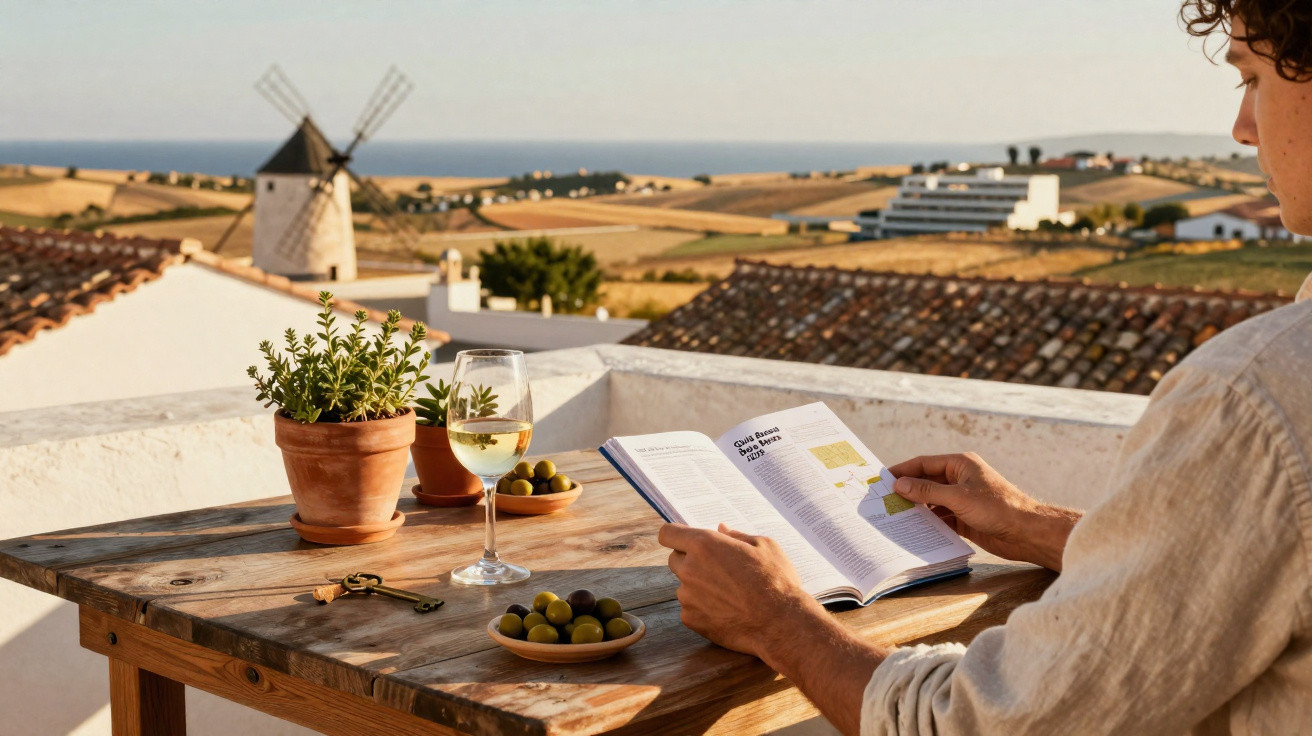 Homem sentado numa mesa de madeira com vinho branco, azeitonas e livro, com moinho e campo ao fundo.