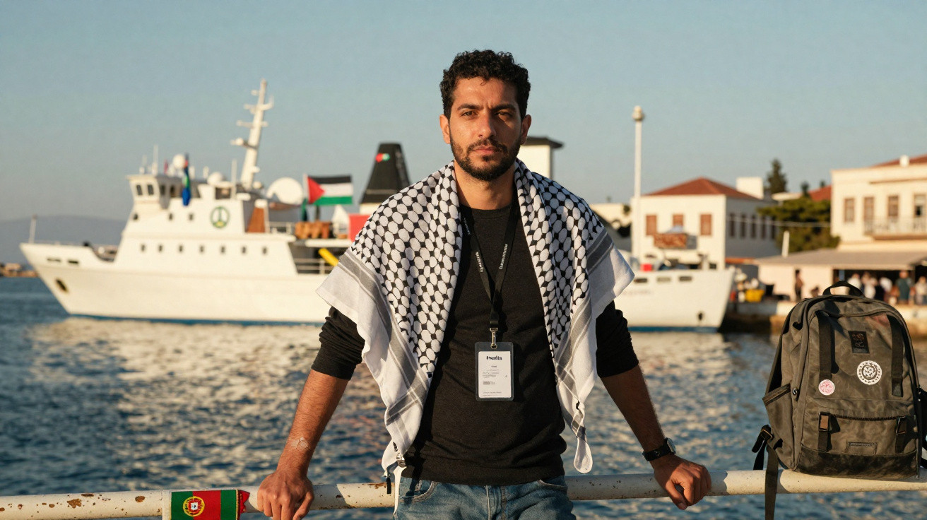 Homem com keffiyeh e crachá junto ao mar, barco e edifícios ao fundo, mochila ao lado.