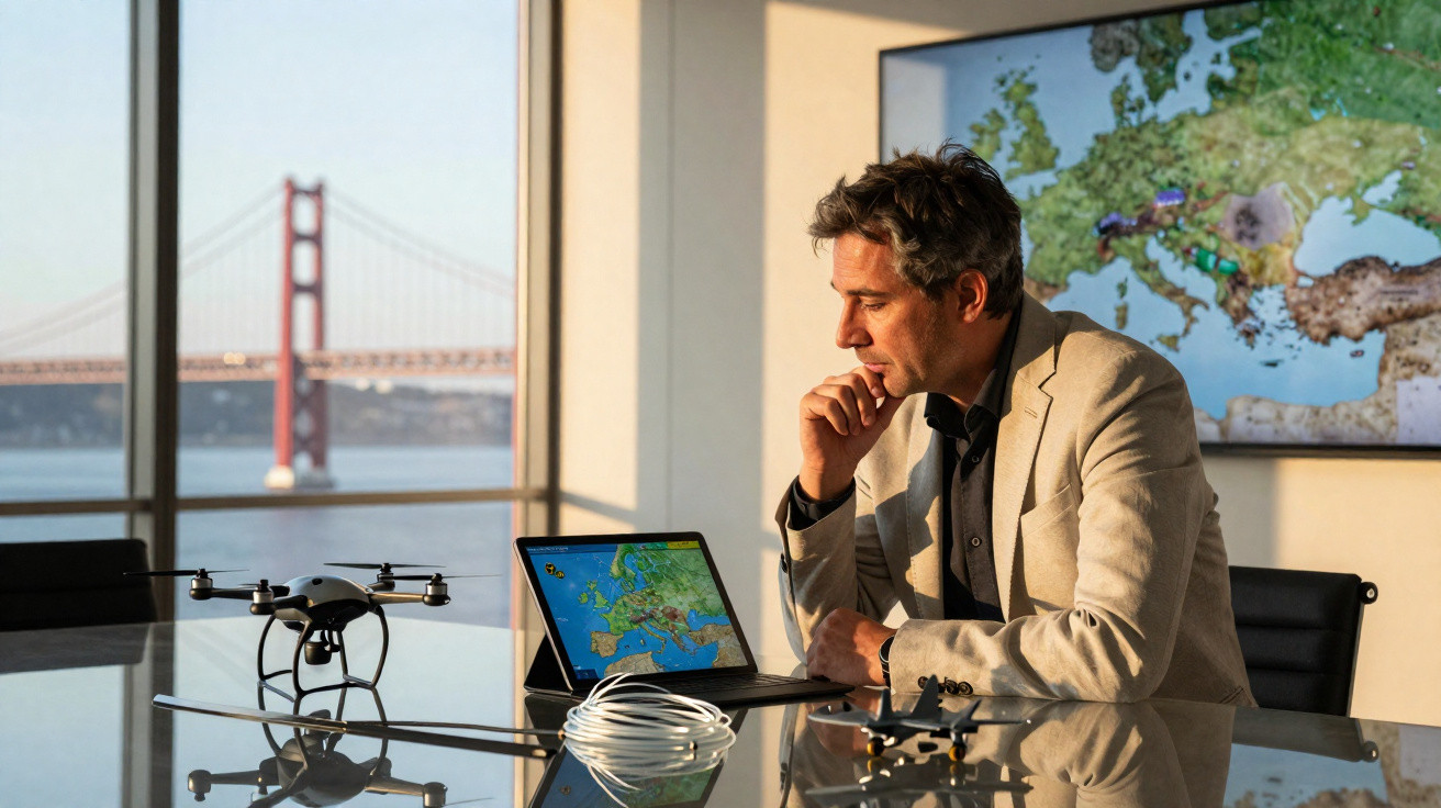 Homem a observar mapa na tablet em escritório com drone e ponte Golden Gate ao fundo.