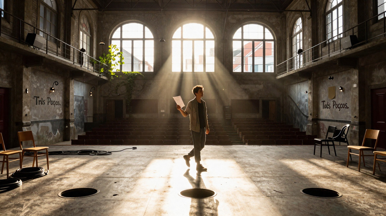 Interior de teatro antigo com janelas grandes, luz a incidir sobre homem a segurar papel no palco vazio.