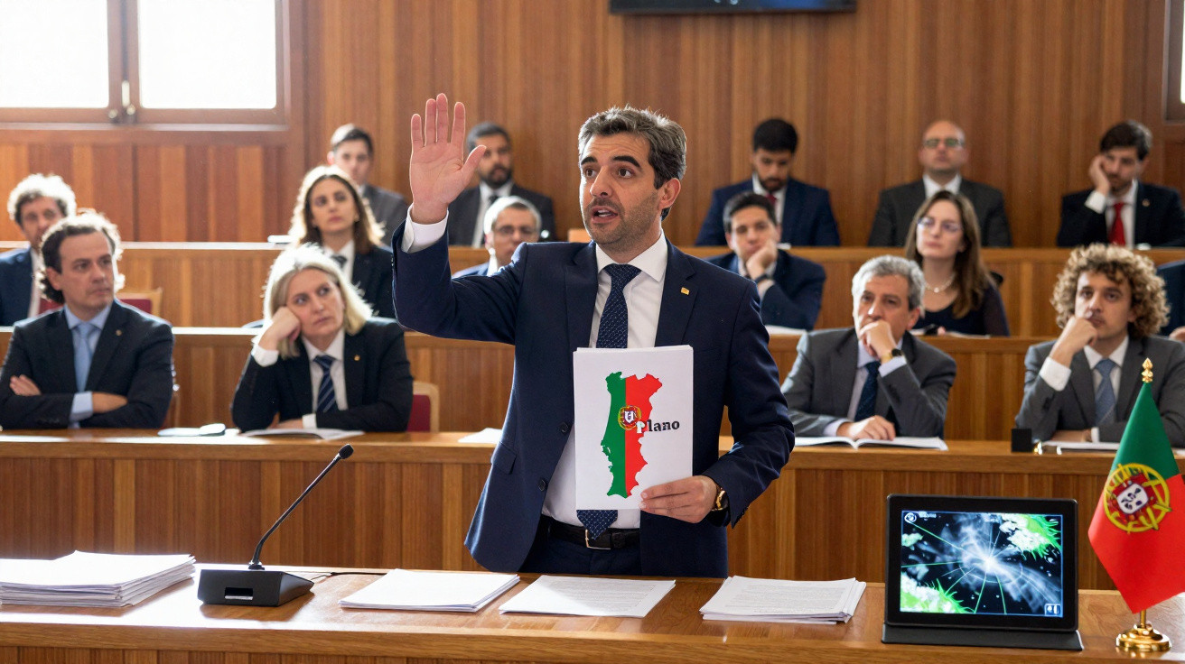 Homem de fato levanta a mão e apresenta documento com mapa de Portugal numa reunião formal numa sala de audiências.
