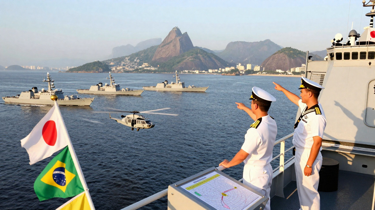 Dois marinheiros japoneses em navio observam helicóptero e embarcações militares na baía do Rio de Janeiro, com o Pão de Açúc