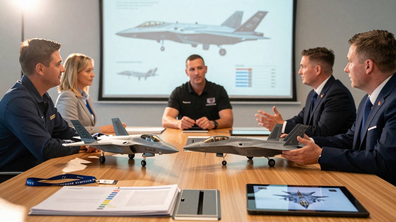 Reunião de profissionais militares com modelos de aviões de combate em mesa e apresentação de jato no ecrã.