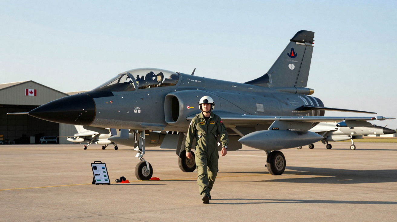 Avião militar cinzento estacionado com piloto a caminhar na pista de um aeródromo ensolarado.
