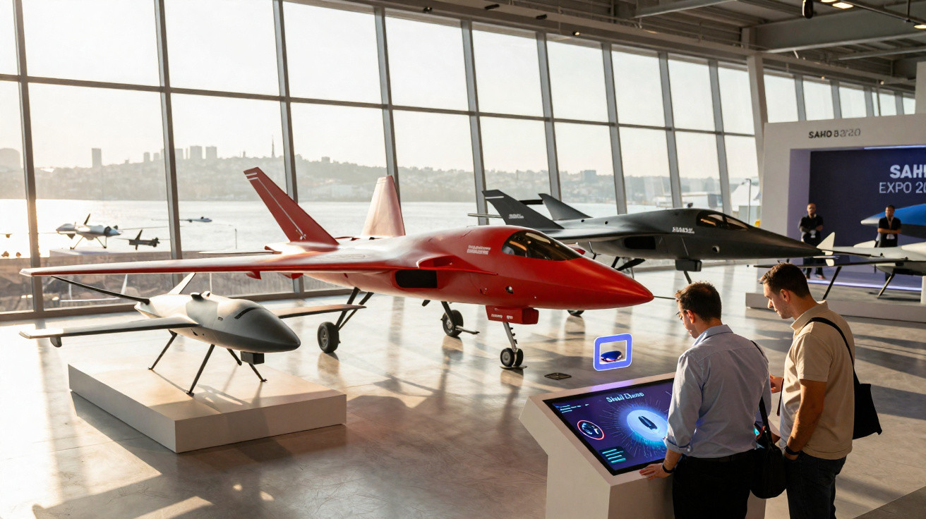 Dois homens observam modelos de aviões não tripulados expostos em sala ampla com vista para o rio.