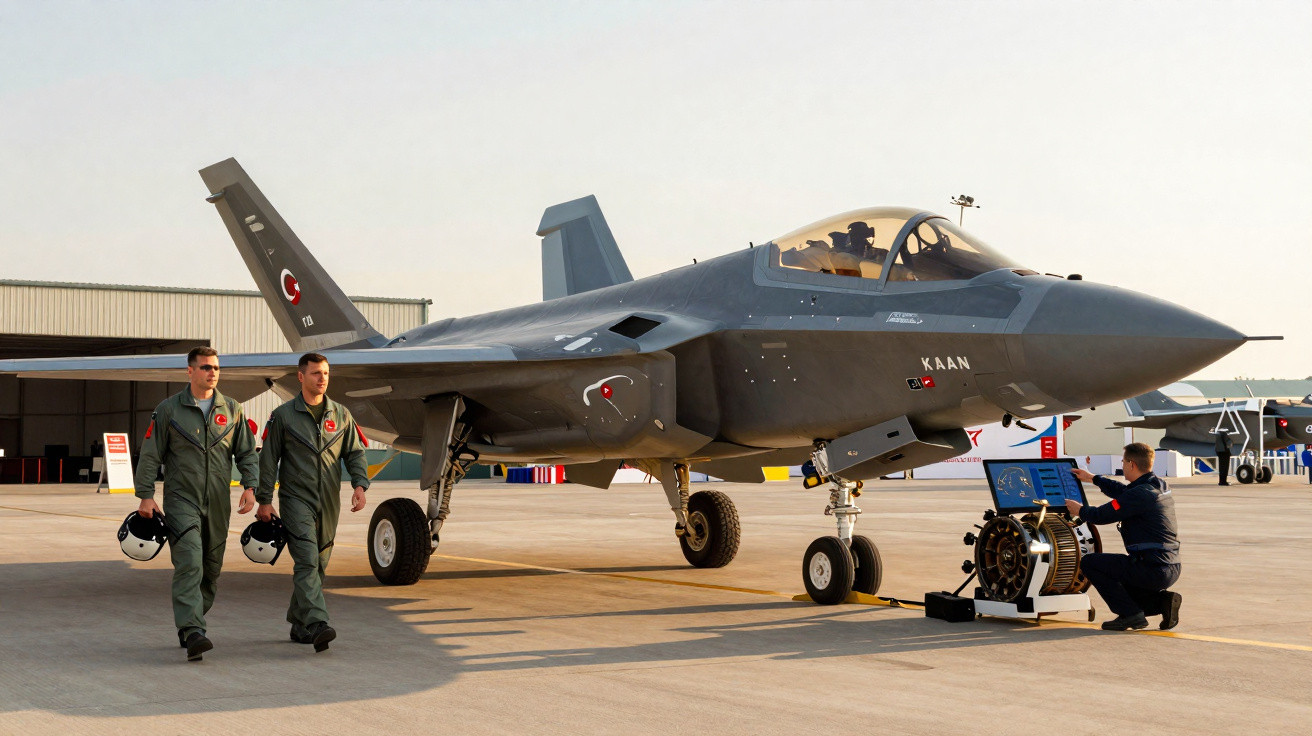 Caça F-35 cinzento estacionado com dois pilotos e técnico no aeroporto ao final da tarde.