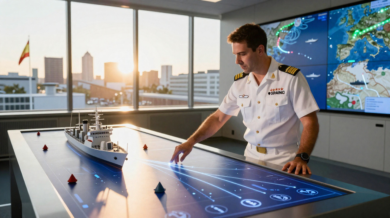 Militar da marinha com uniforme branco a operar um simulador digital naval numa sala de controlo.