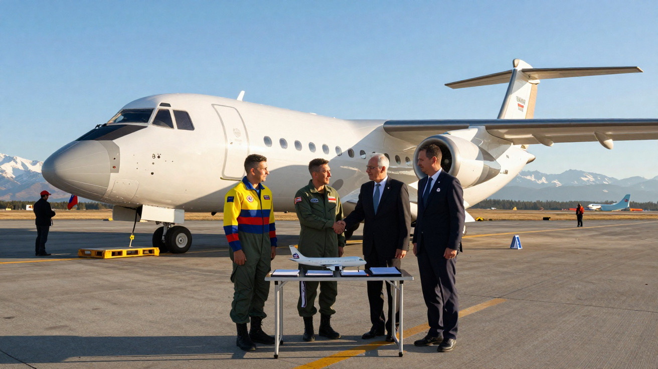 Quatro homens em traje formal e militar apertam as mãos junto a uma mesa diante de avião branco estacionado no aeroporto.
