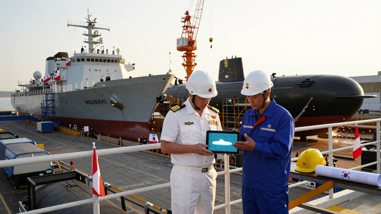 Dois homens com capacetes de segurança analisam um tablet numa doca com um navio e um submarino ao fundo.