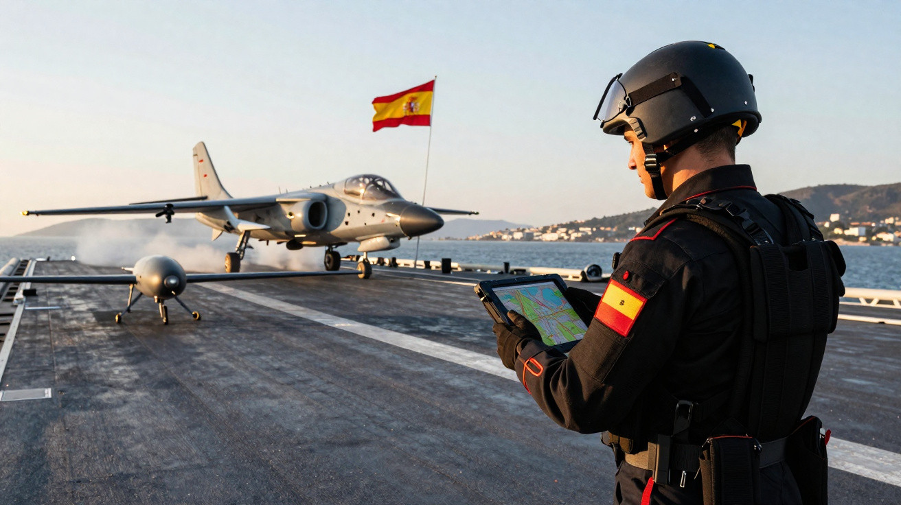 Militar espanhol com tablet no convés de um navio, com avião de caça e bandeira da Espanha ao fundo.