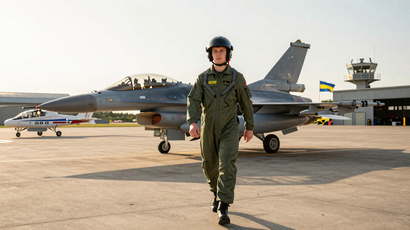 Piloto militar com fato de voo verde e capacete a caminhar em frente a um caça estacionado numa base aérea.