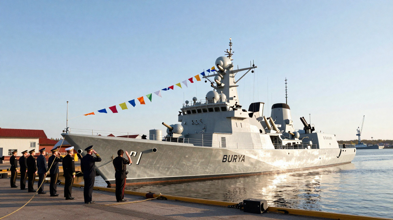 Navio militar cinzento chamado Buryia atracado, com tripulação a saudarem na doca ao pôr do sol.