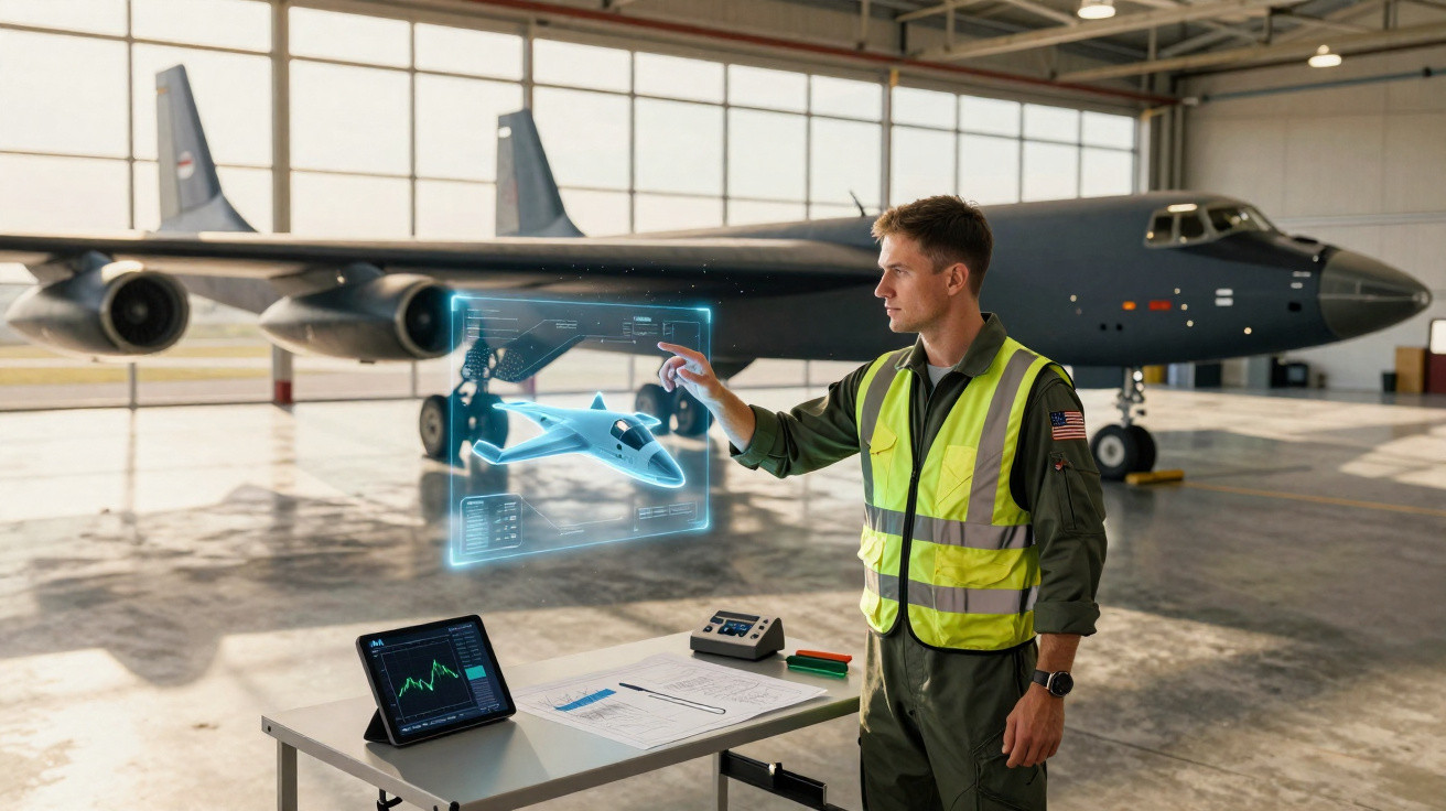 Homem em uniforme militar e colete refletor interage com holograma de avião num hangar com aeronave ao fundo.