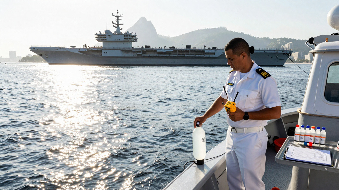 Militar em farda branca recolhe amostra de água do mar no convés de um barco com porta-aviões ao fundo.