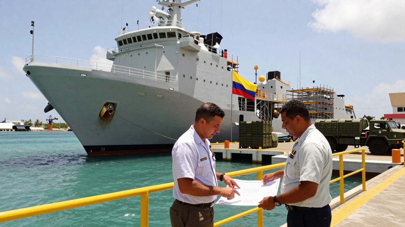 Dois homens em uniforme discutem documentos junto a um cais com um navio militar atracado ao fundo.