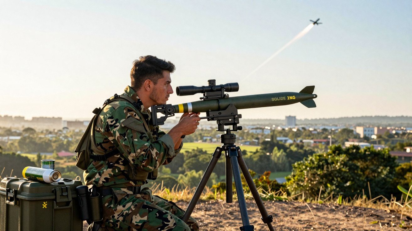Soldado com uniforme camuflado mira lança-foguetes Bolide 2mg, com um míssil já disparado ao fundo.