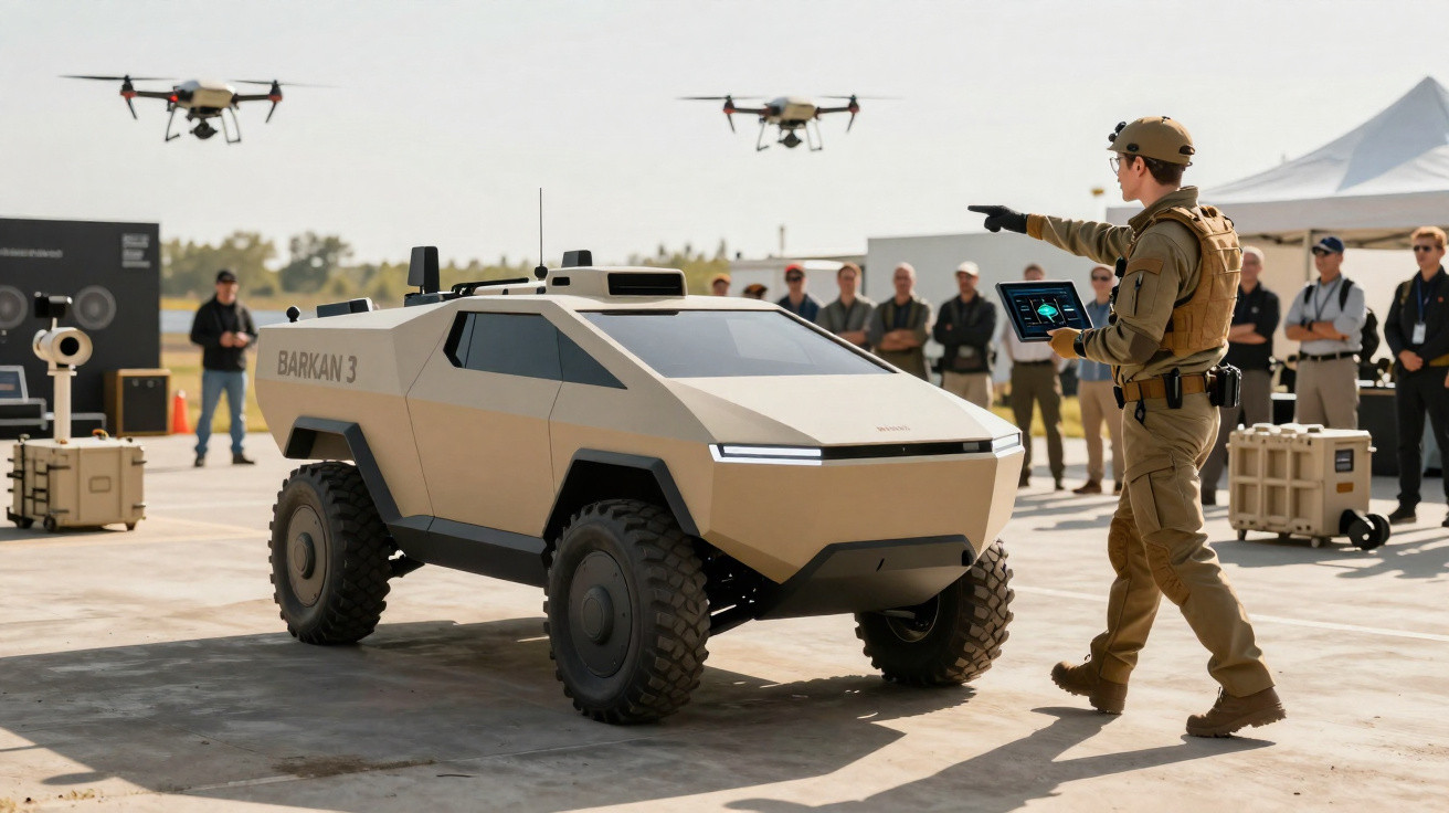 Veículo militar autónomo Barkan 3 com drone, operado por soldado com tablet em ambiente urbano.