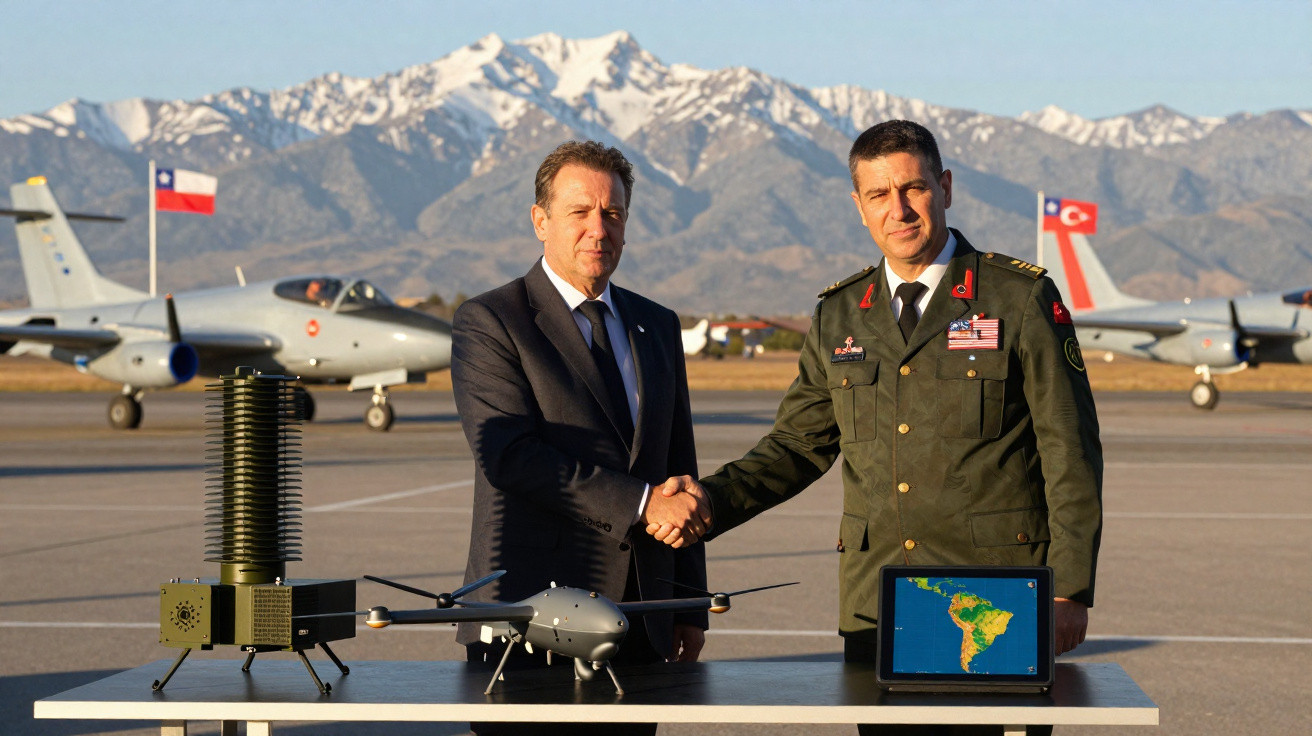 Dois homens, um em fato e outro em uniforme militar, apertam as mãos junto a equipamento tecnológico e aviões.