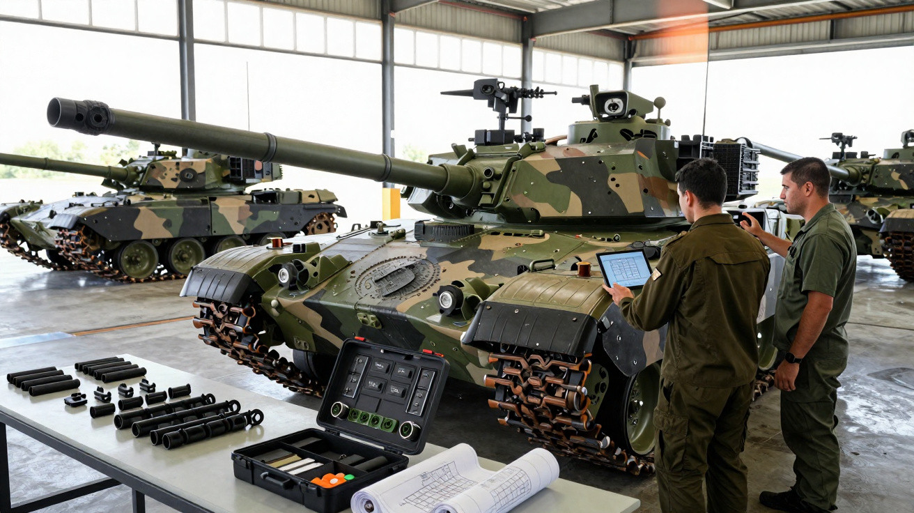 Dois militares inspecionam um tanque camuflado dentro de um hangar com equipamentos e manuais sobre uma mesa próxima.