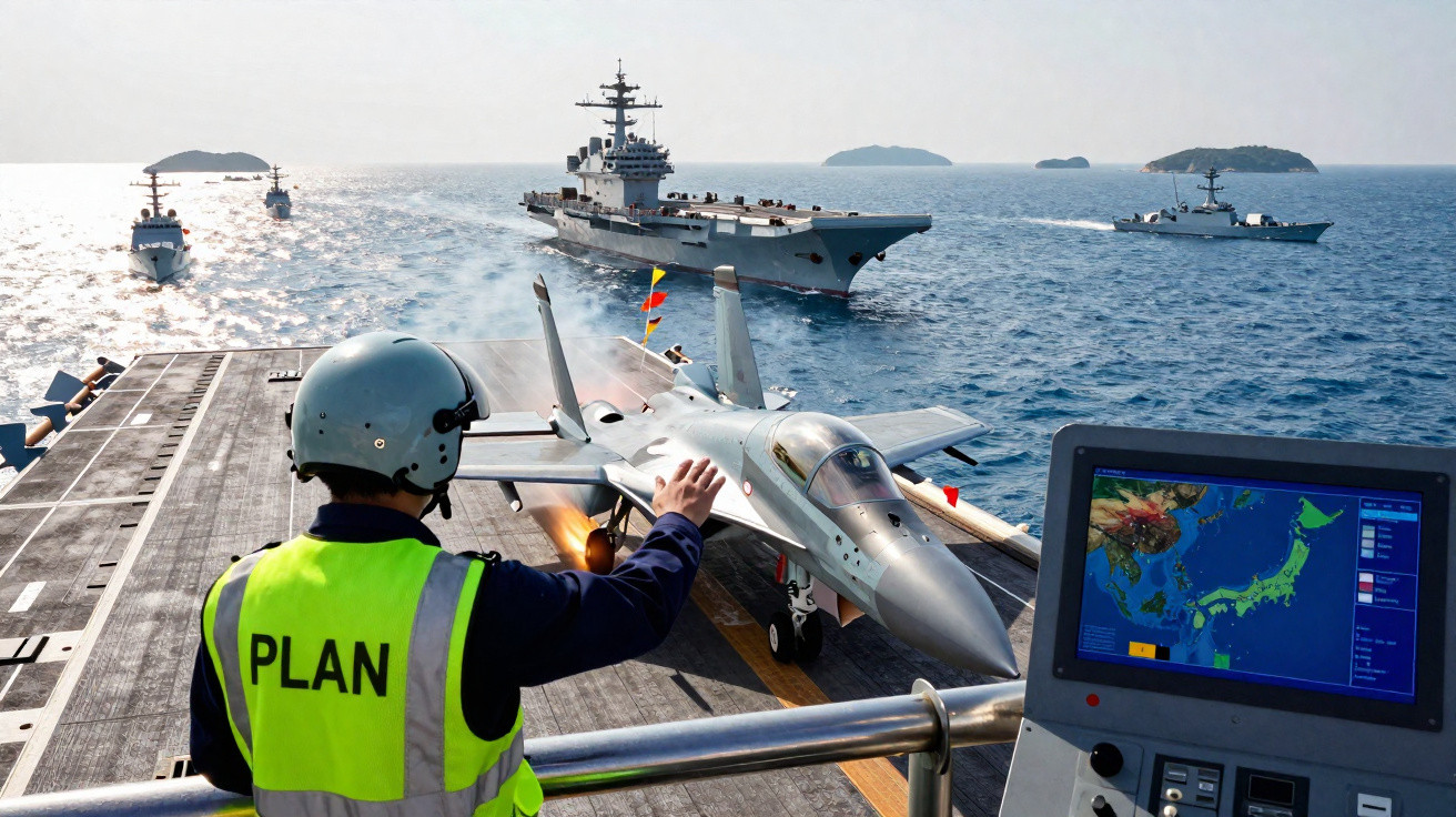 Pessoa com colete refletor e capacete observa jato numa catapulta de porta-aviões no mar com mais embarcações ao fundo.