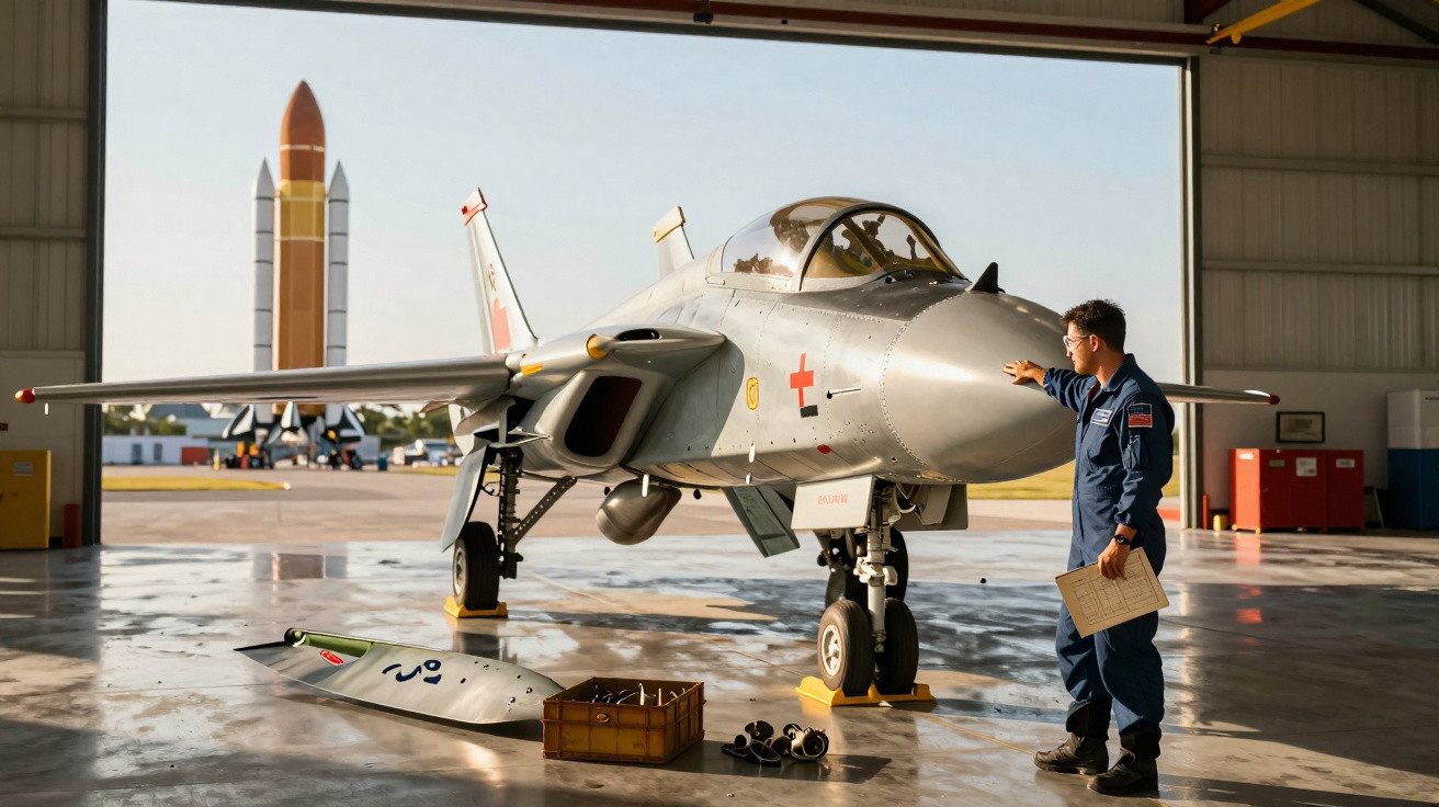 Homem de uniforme azul inspeciona avião militar cinzento dentro de hangar com foguete ao fundo.
