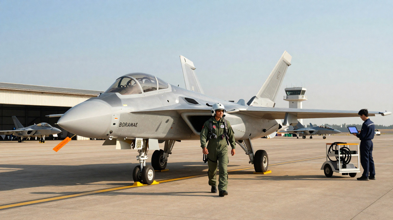Caça militar branco estacionado com piloto a caminhar e técnico a usar computador no aeroporto.