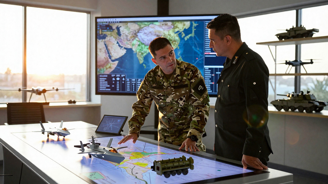 Dois militares discutem estratégias junto a um mapa digital táctico numa sala de comando moderna.