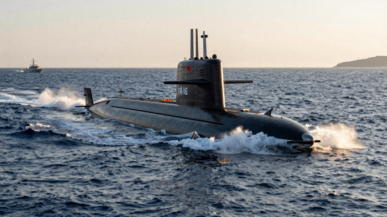 Submarino militar a emergir no mar com barco ao longe ao pôr do sol.