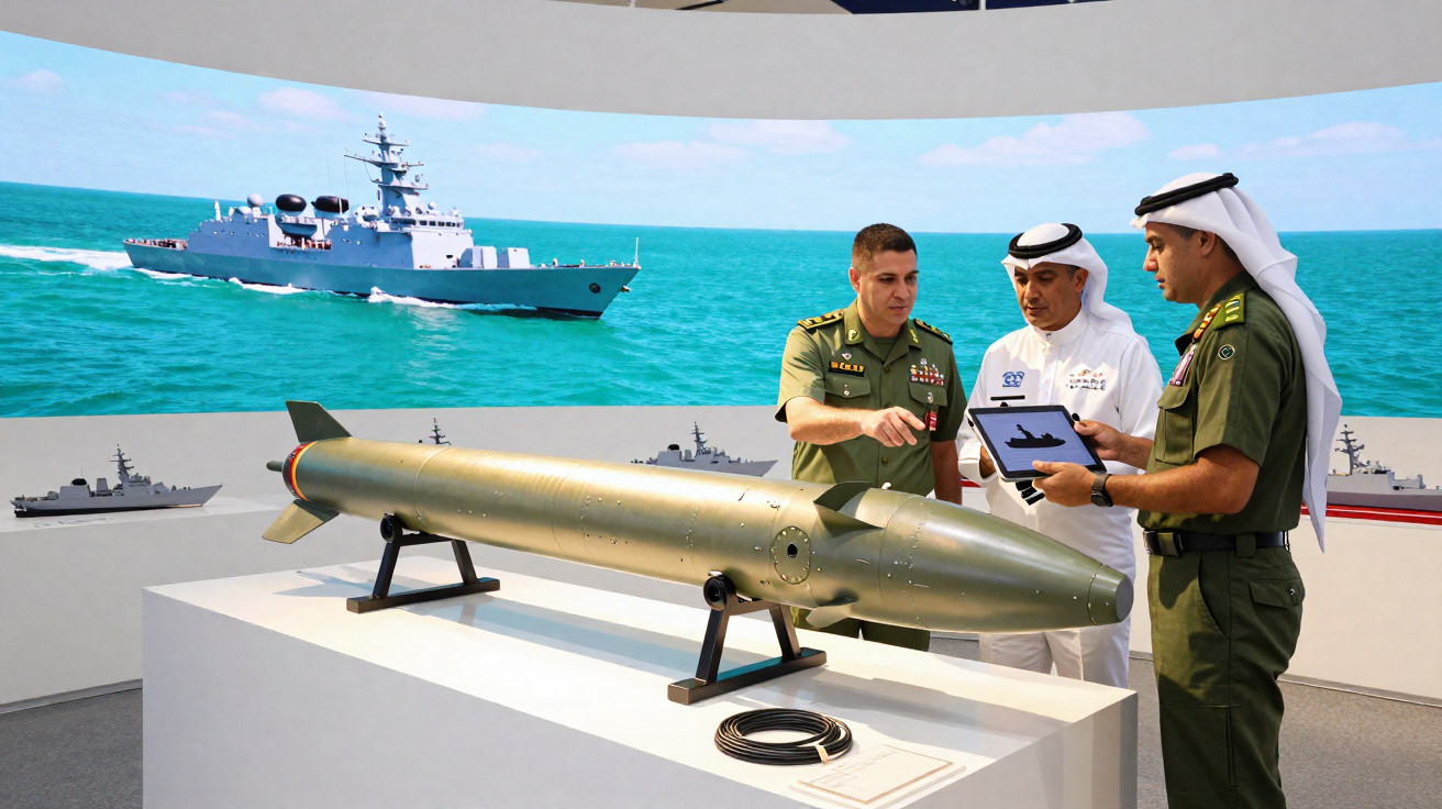 Três homens em uniforme militar observam um torpedo exposto numa plataforma com imagens de navios de guerra ao fundo.