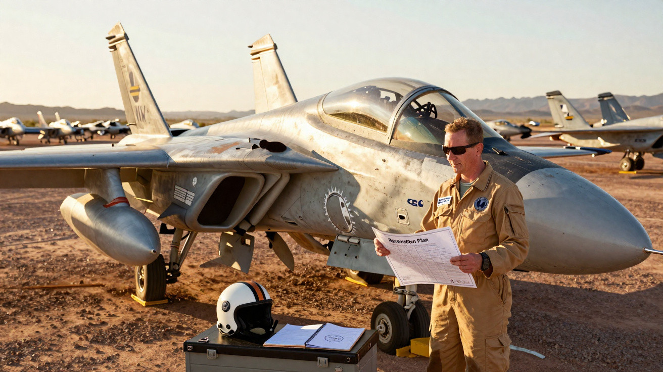 Piloto militar com fato bege e óculos escuros lê documentos junto a um caça estacionado num deserto.