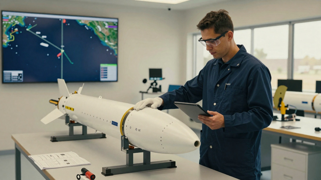 Engenheiro a inspecionar um torpedo em laboratório com ecrã de mapas náuticos ao fundo.