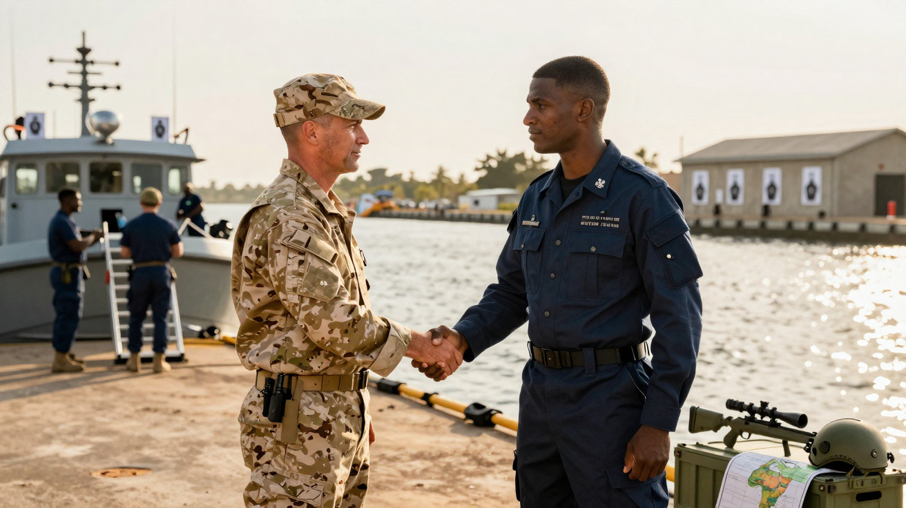 Dois militares, um em uniforme camuflado e outro em uniforme azul, apertam as mãos num cais junto ao mar.