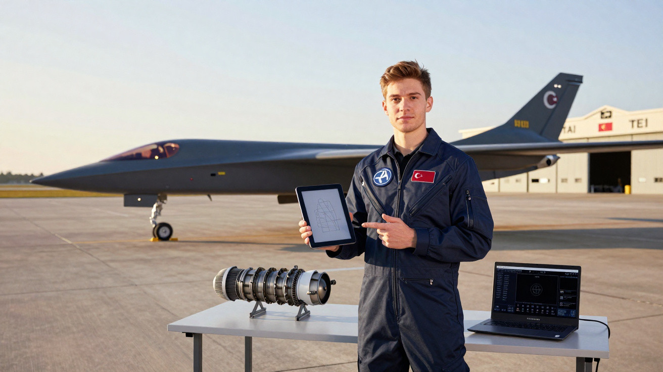 Jovem em fato de piloto junto a avião, exibindo tablet com esquema, mesa com peça de motor e computador portátil aberto.