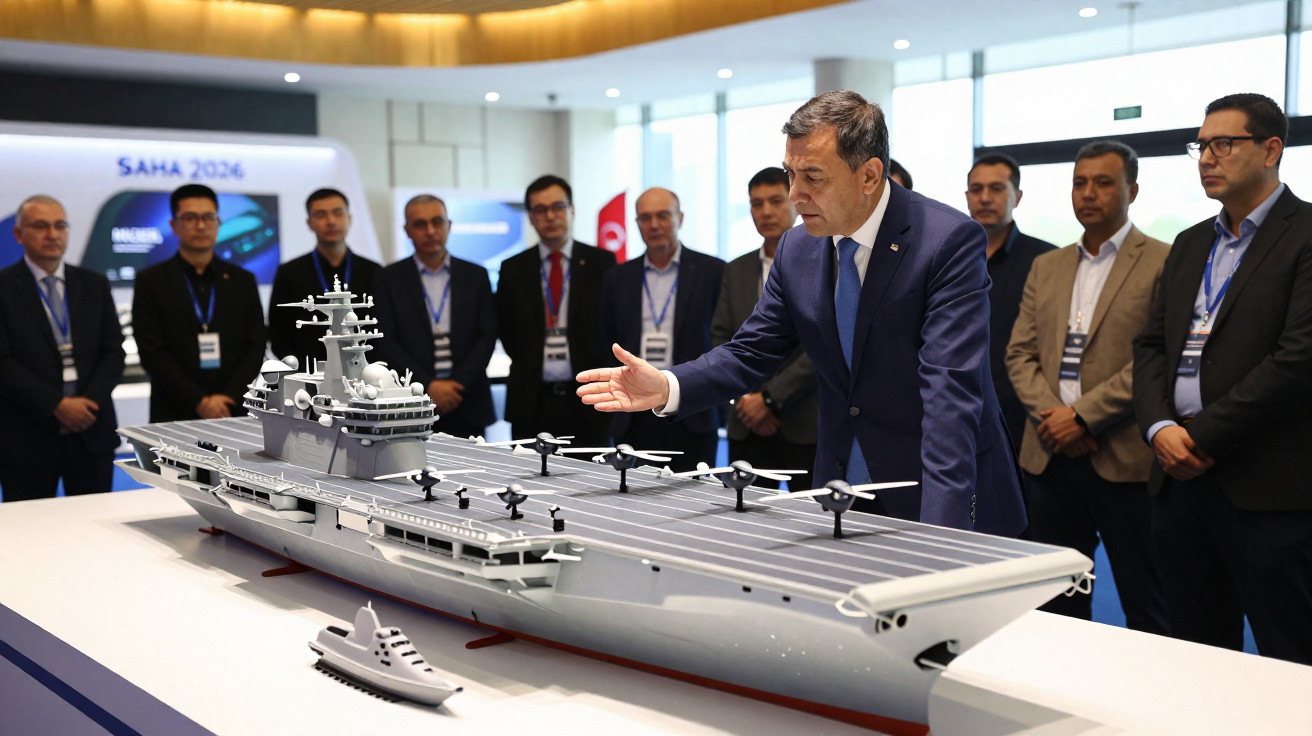 Homens de negócios observam maquetes de navios militares numa feira ou exposição tecnológica.