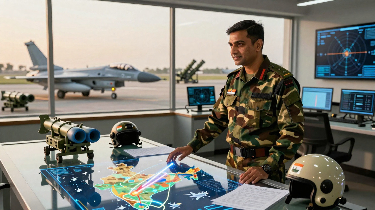 Militar em uniforme camuflado analisa mapa digital de estratégias aéreas numa sala de controlo com jacto e equipamentos milit
