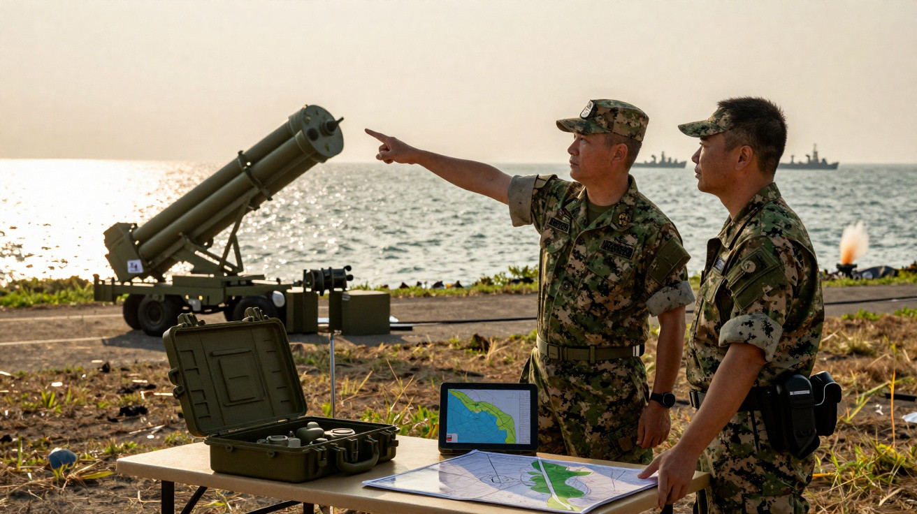 Dois soldados em uniforme camuflado planeiam operações militares junto ao mar, com mapas e equipamento de artilharia.