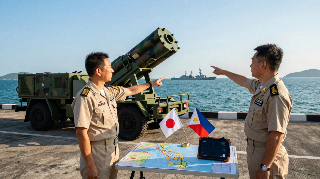 Dois militares em uniforme naval apontam para navios no mar, junto a uma mesa com mapa e bandeiras do Japão e Filipinas.