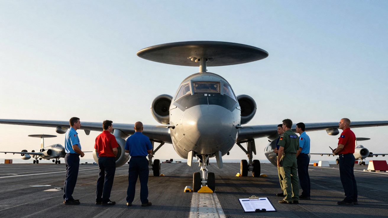 Aeronave militar estacionada em porta-aviões com sete militares em atitude de inspeção.