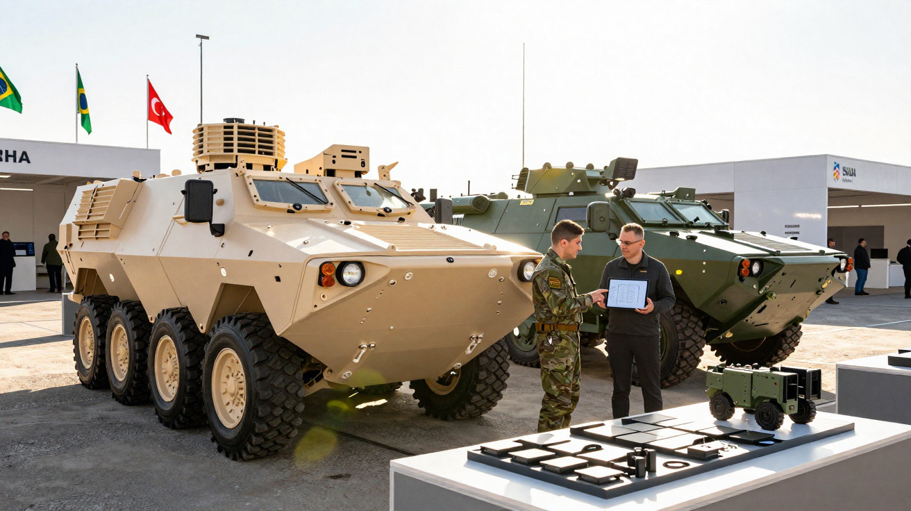 Dois veículos blindados militares, um bege e outro verde, com duas pessoas a analisar documentos e maquetes em exposição ao a