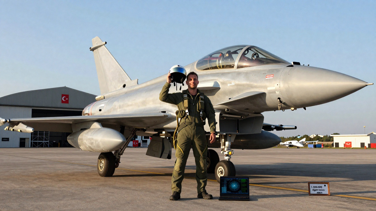 Piloto militar com fato de voo posa junto a caça F-16 prata na pista de um aeródromo.
