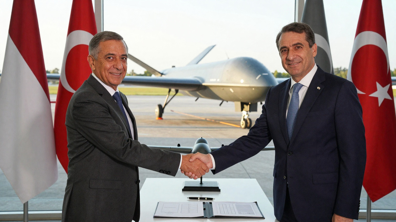 Dois homens de fato cumprimentam-se com aperto de mão em frente a um drone e as bandeiras da Turquia e Indonésia.