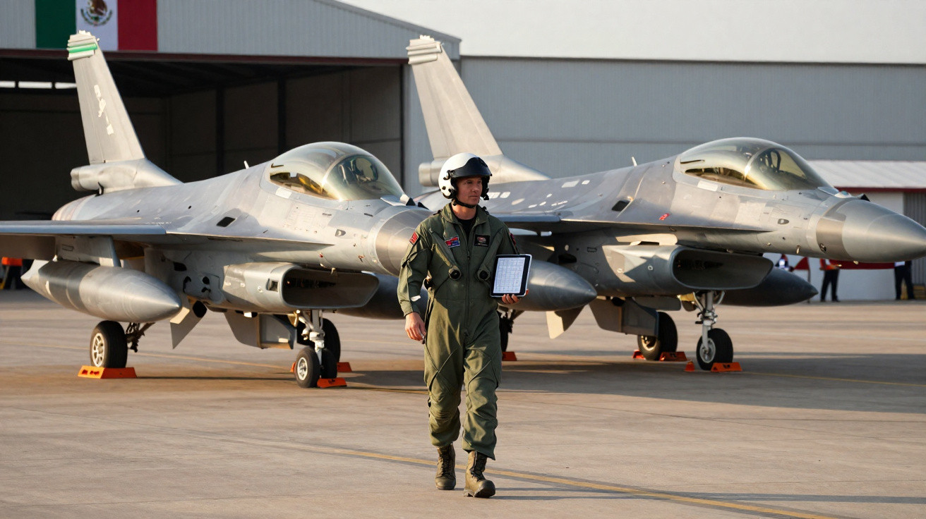 Piloto militar em fato de voo camuflado caminha na pista com dois caças F-16 estacionados atrás.